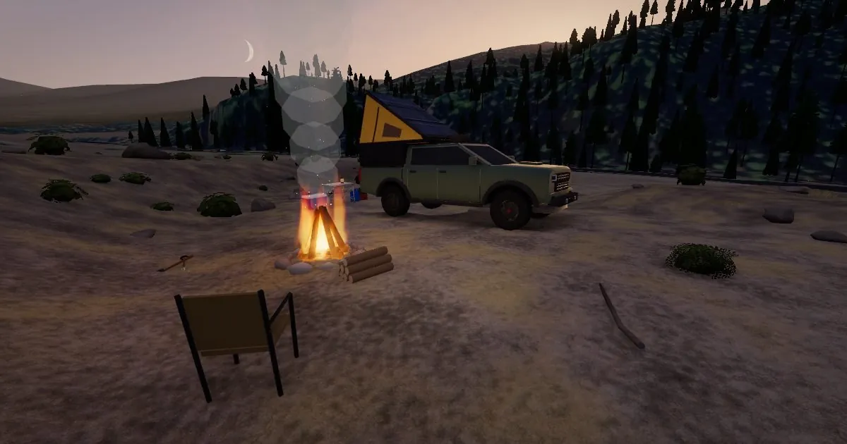 The game's view of the Langohr campsite at dusk: the truck and its roof tent, a campfire, a camp chair, the trees and a crescent moon