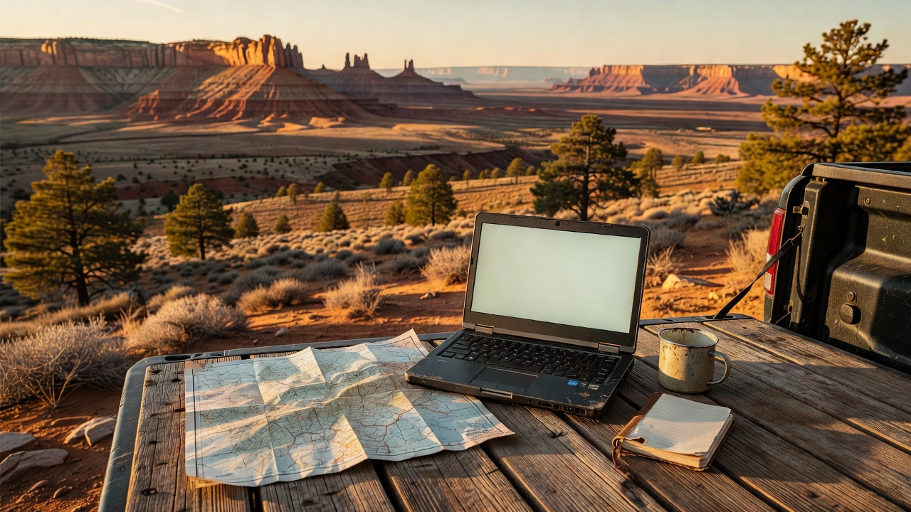 A laptop, a folded topographic map, an enamel mug and a field notebook on the weathered tailgate of an overland truck, overlooking red-rock desert country at golden hour.